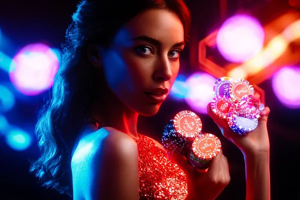 A glamorous woman holding casino chips in a neon-lit environment, representing the premium online casino atmosphere of D71.